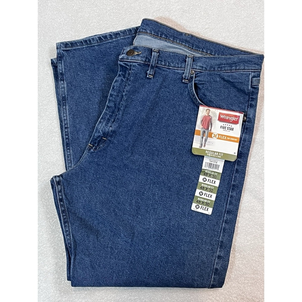 NWT Wrangler Flex Regular Fit Men's‎ Jeans Blue 5 Star Premium Denim Size 48x30